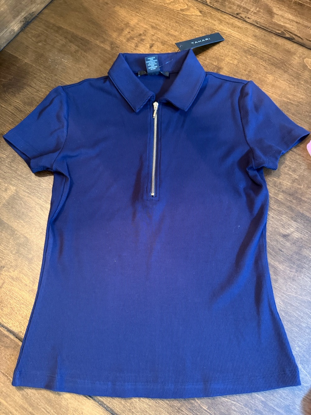 Tahari Deep Blue Ribbed Zip Polo